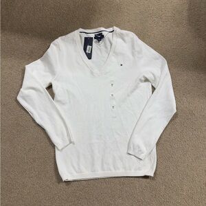 Tommy Hilfiger Women's Pima Cotton Bright White V-Neck Sweater NWT